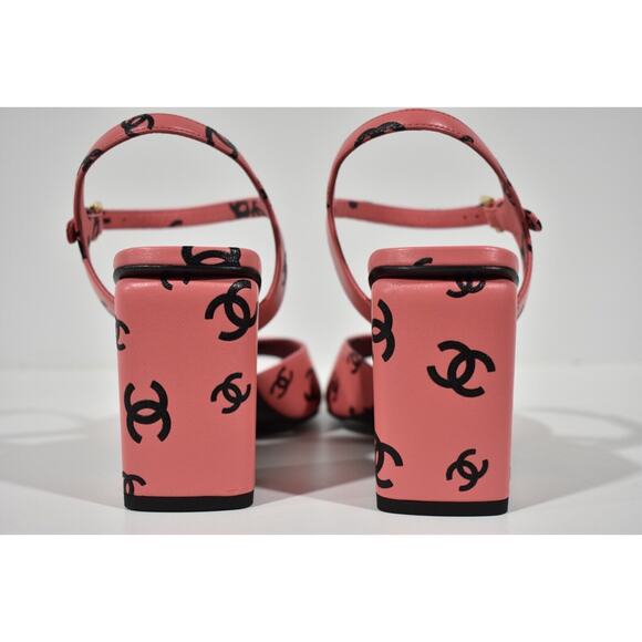Chanel 22S Pink Black Printed Lambskin CC Logo Ankle Strap Block Heel Sandal 40 - Picture 9 of 10